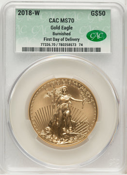 2018-W G$50 One Ounce Burnished Gold Eagle First Day Of Delivery CACG SP70