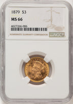 1879 $3 Brown Label Three Dollar Gold Pieces NGC MS66
