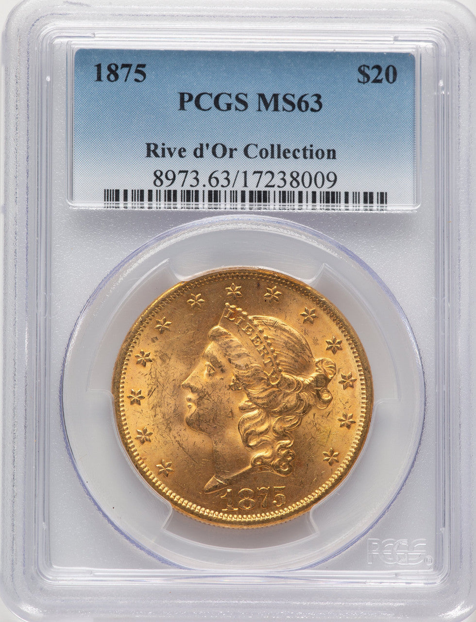 1875 $20 Blue Gradient Liberty Double Eagle PCGS MS63