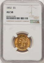 1852 $5 Brown Label Liberty Half Eagle NGC AU58