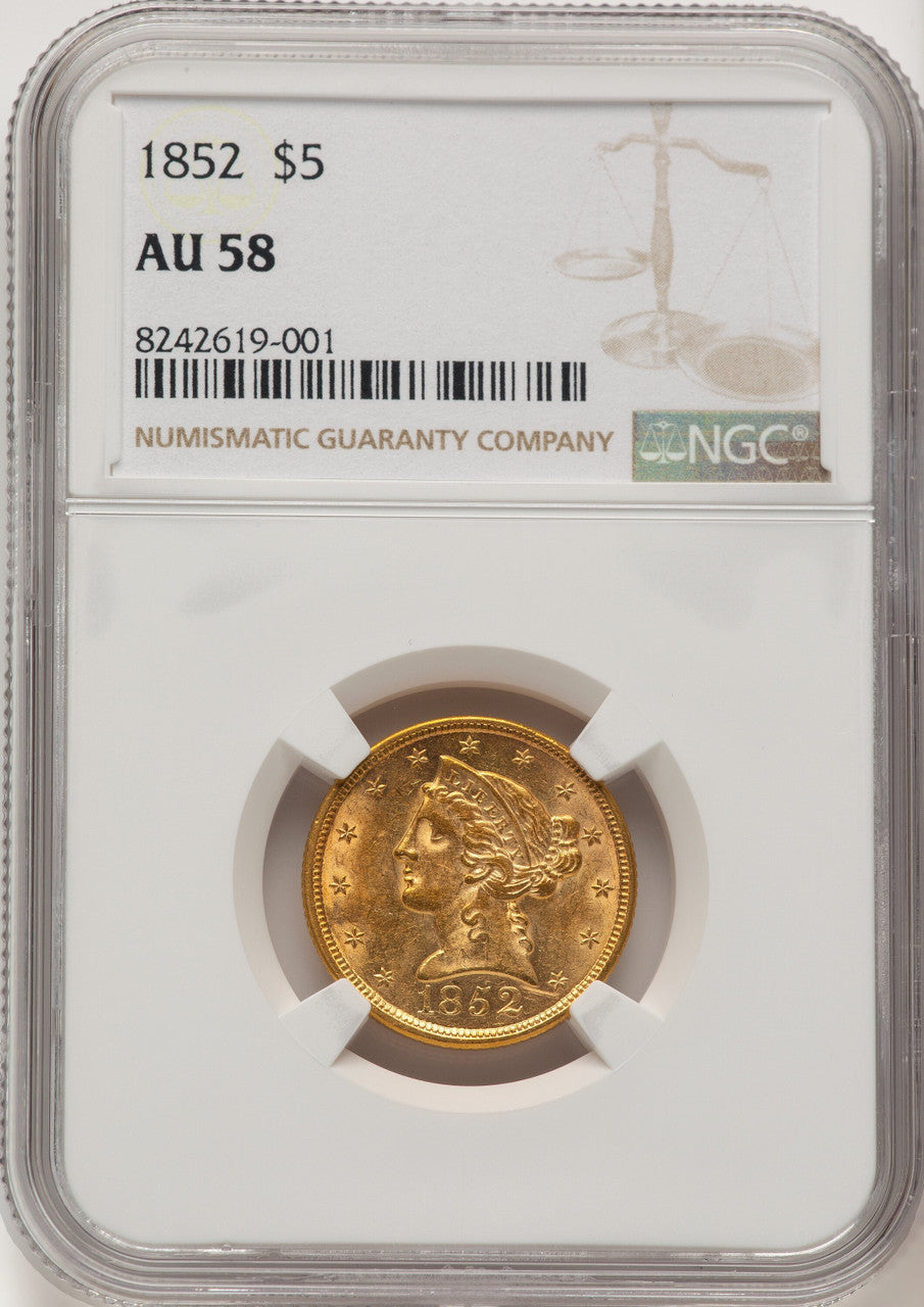 1852 $5 Brown Label Liberty Half Eagle NGC AU58