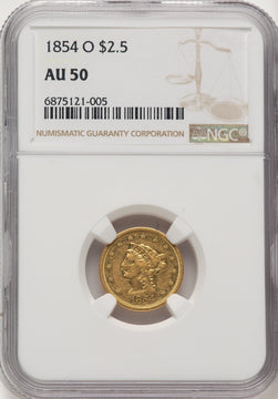 1854-O $2.50 Brown Label Liberty Quarter Eagle NGC AU50