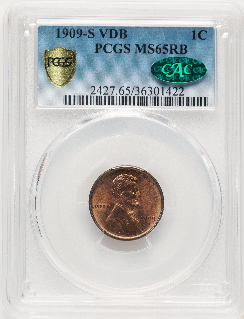 1909-S 1C VDB RB CAC Lincoln Cent PCGS MS65