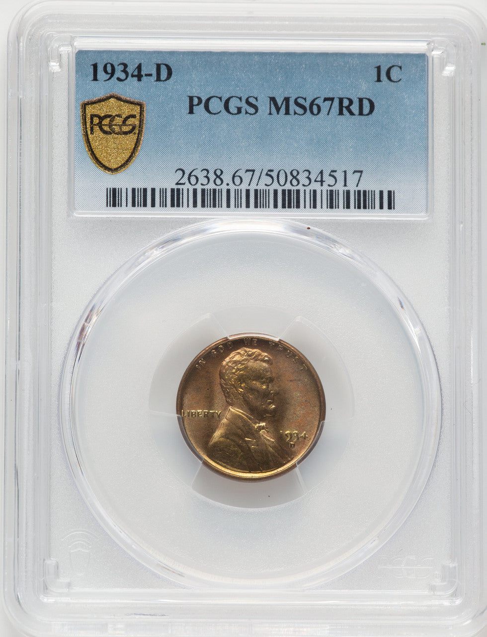 1934-D 1C RD Lincoln Cent PCGS MS67 (774851002)