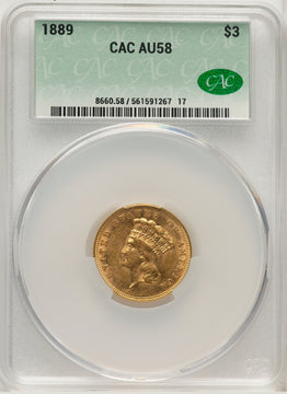 1889 $3 Three Dollar Gold Pieces CACG AU58