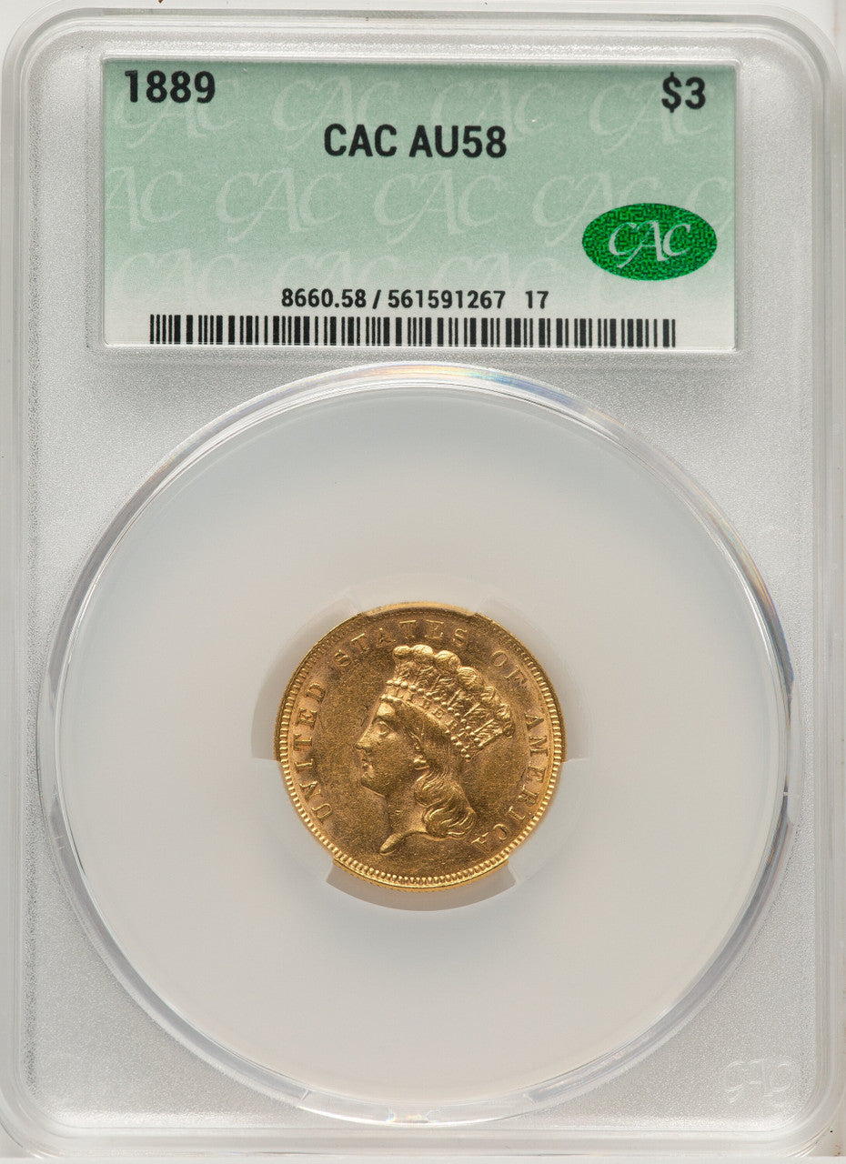 1889 $3 Three Dollar Gold Pieces CACG AU58