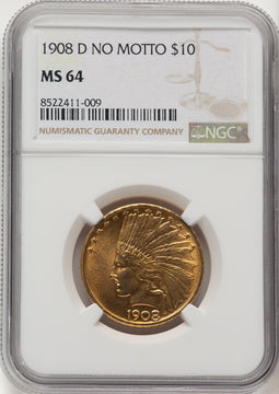 1908-D $10 NO MOTTO Indian Eagle NGC MS64