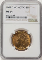 1908-D $10 NO MOTTO Indian Eagle NGC MS64