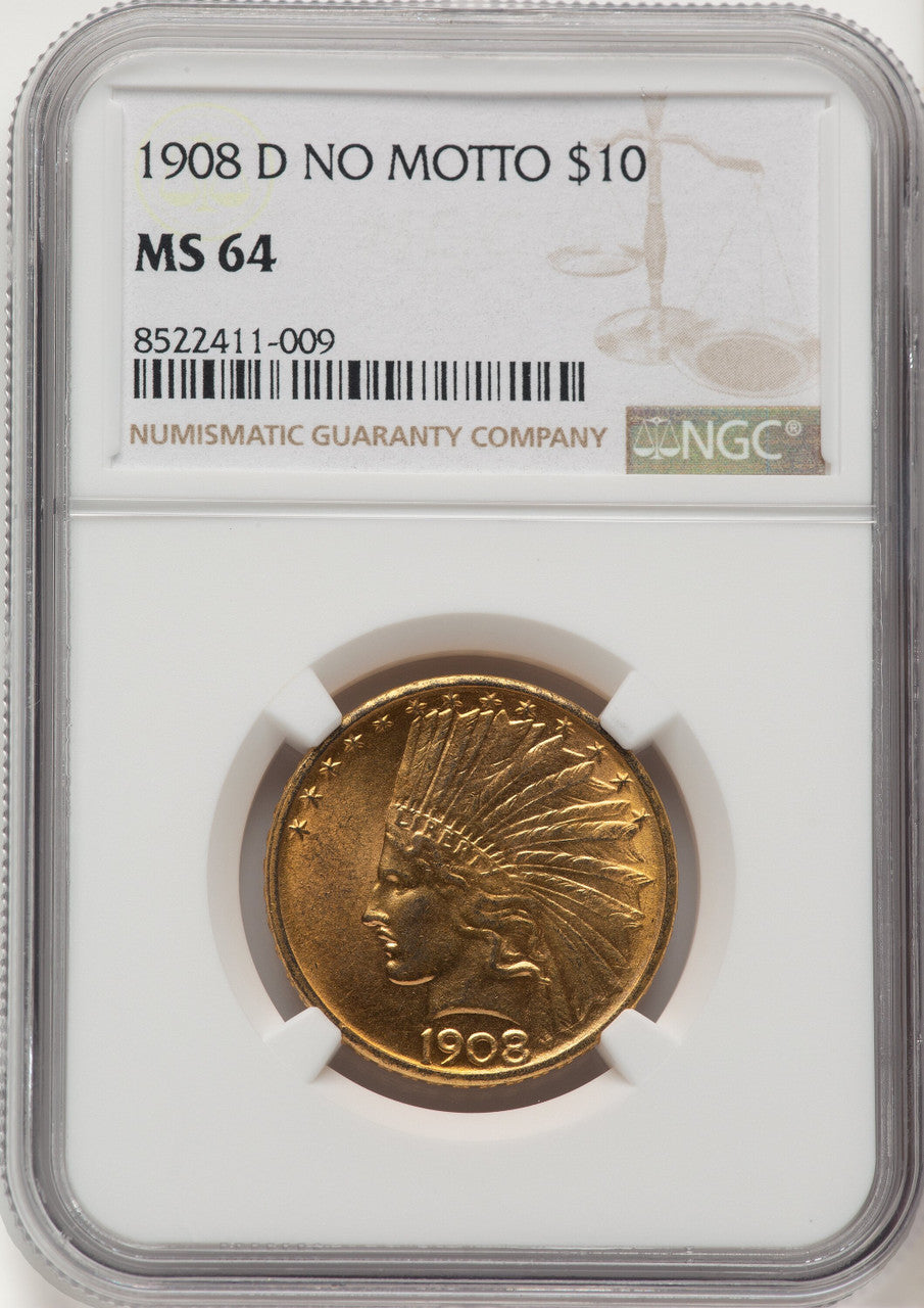 1908-D $10 NO MOTTO Indian Eagle NGC MS64