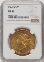 1861-S $20 Brown Label Liberty Double Eagle NGC AU50
