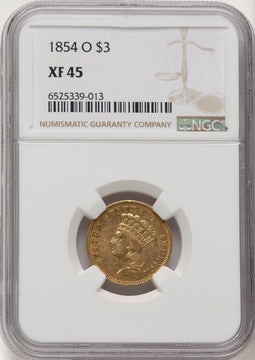 1854-O $3 Brown Label Three Dollar Gold Pieces NGC XF45