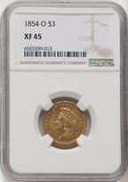 1854-O $3 Brown Label Three Dollar Gold Pieces NGC XF45