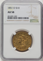 1851-O $10 Brown Label Liberty Eagle NGC AU58