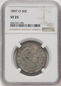 1897-O 50C Brown Label Barber Half Dollar NGC VF25
