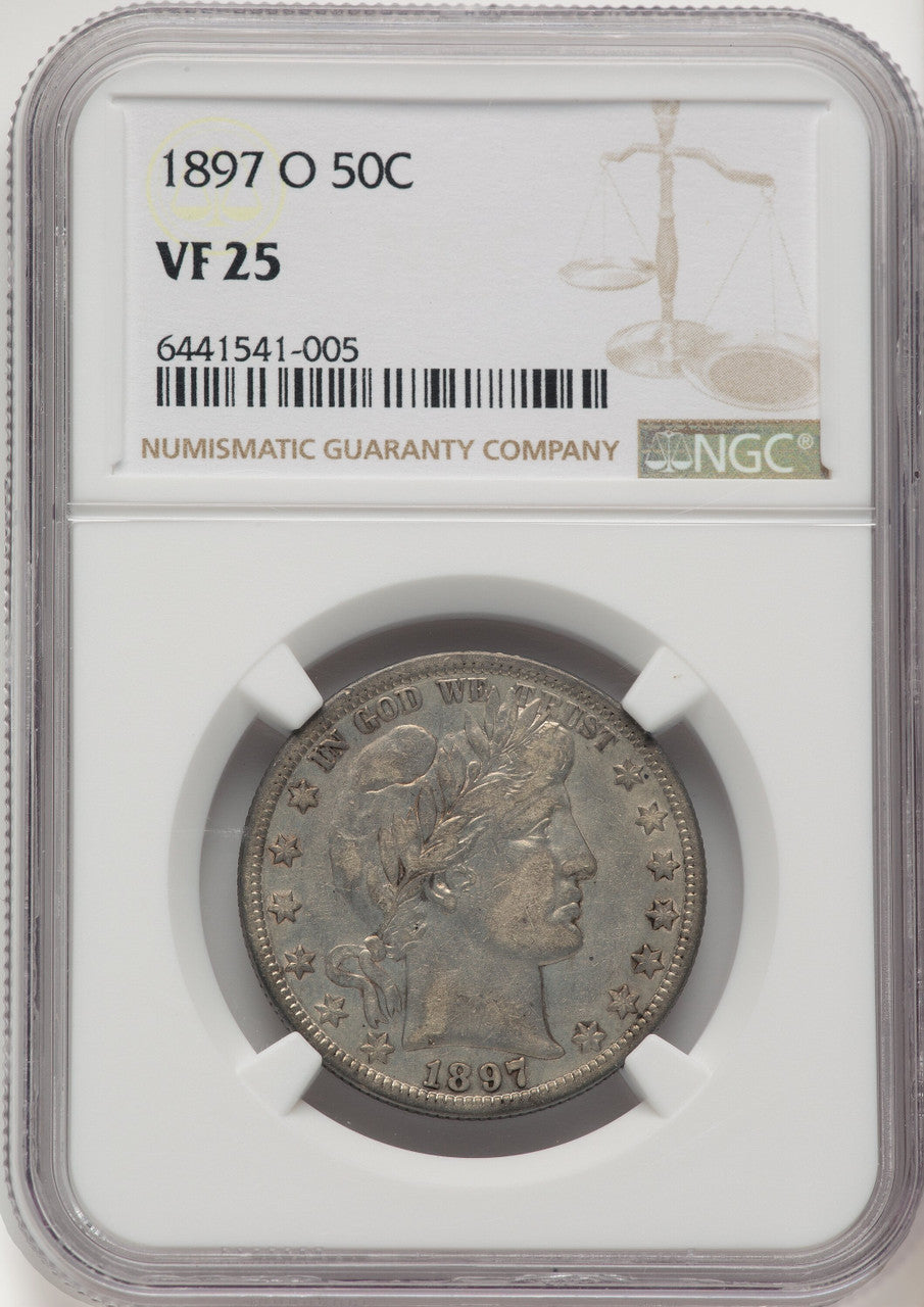 1897-O 50C Brown Label Barber Half Dollar NGC VF25