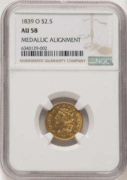 1839-O $2.50 Brown Label Classic Quarter Eagle NGC AU58