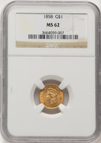 1858 G$1 Gold Dollar NGC MS62
