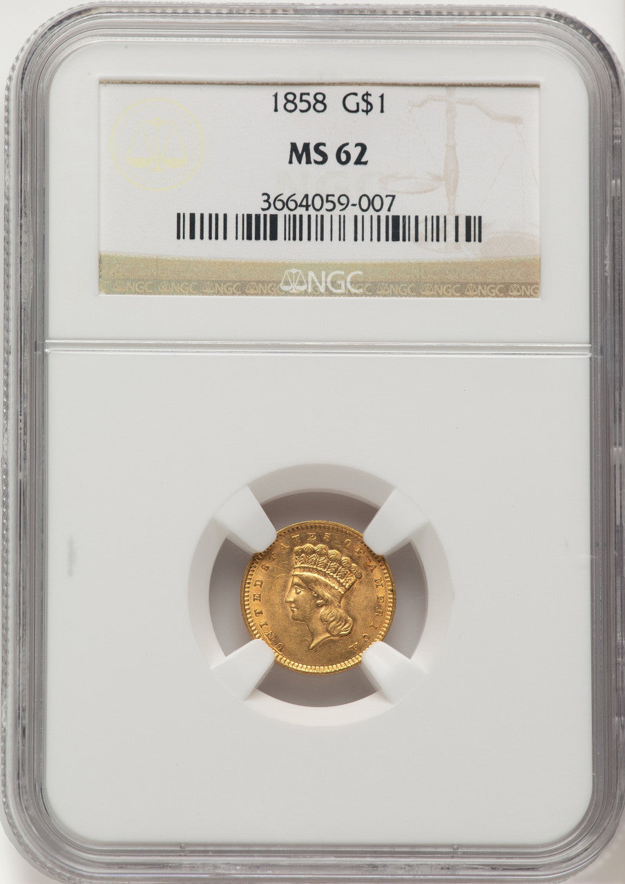 1858 G$1 Gold Dollar NGC MS62