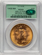 1908 NM $20 Wells Fargo CAC Saint-Gaudens Double Eagle PCGS MS66