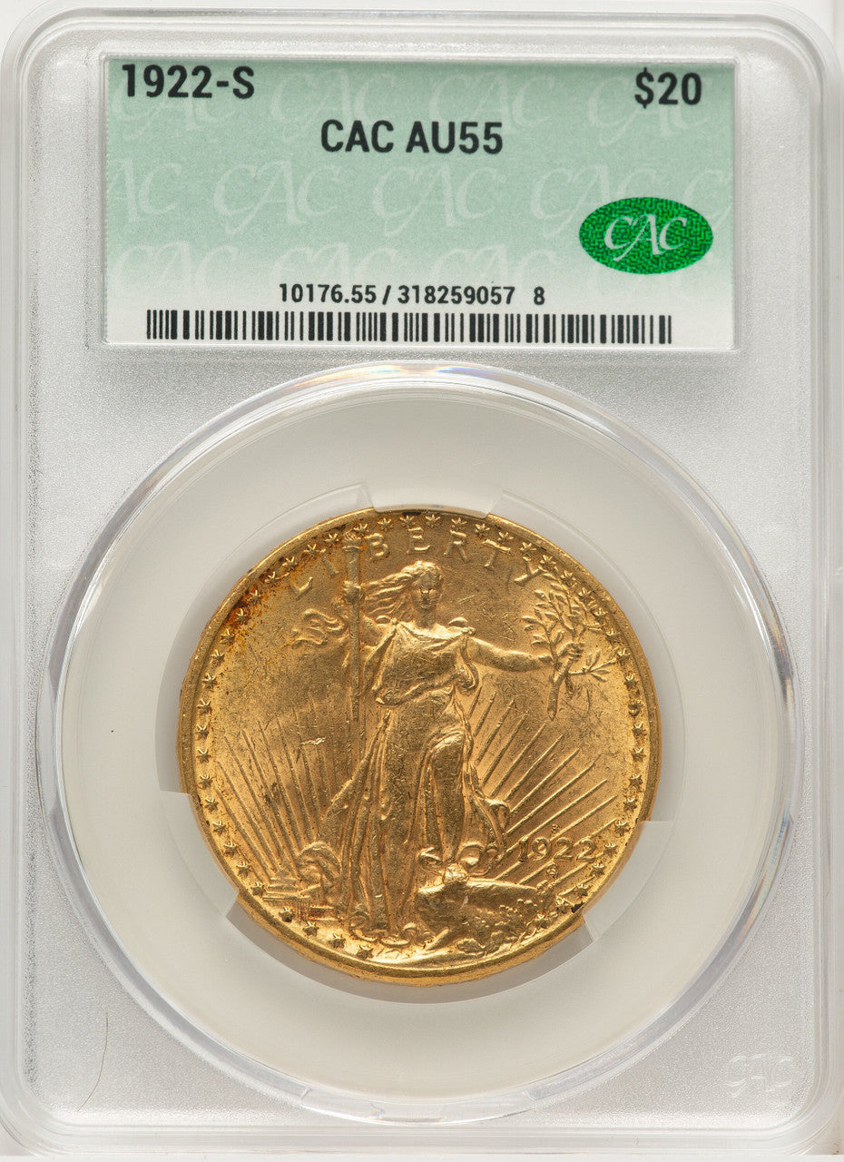 1922-S $20 CACG Secure Saint-Gaudens Double Eagle CACG AU55