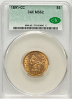 1891-CC $5 Liberty Half Eagle CACG MS62