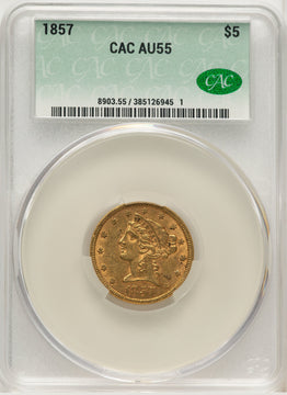 1857 $5 Liberty Half Eagle CACG AU55