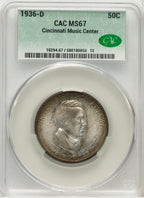 1936-D 50C Cincinnati Commemorative Silver CACG MS67