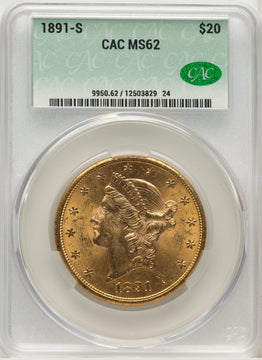 1891-S $20 Liberty Double Eagle CACG MS62