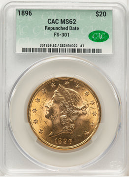 1896 $20 Repunched Date FS-301 Liberty Double Eagle CACG MS62 (507230009)