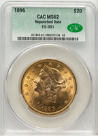1896 $20 Repunched Date FS-301 Liberty Double Eagle CACG MS62