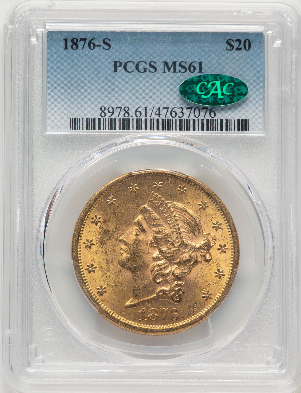 1876-S $20 CAC Liberty Double Eagle PCGS MS61 (775858068)