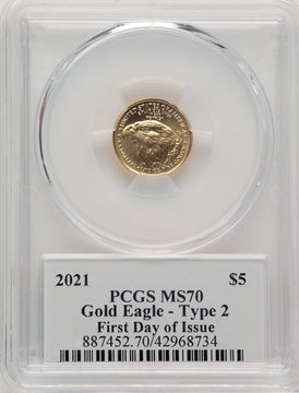 2021 $5 Tenth Ounce Gold Eagle Type Two FDI FDI Thomas Cleveland PCGS MS70