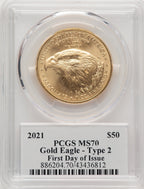 2021 One-Ounce Gold Eagle Type Two FDI Cleveland Blue Eagle FDI Thomas Cleveland PCGS MS70