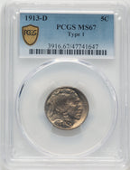 1913-D T-1 5C Buffalo Nickel PCGS MS67