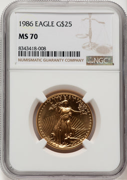 1986 $25 Half-Ounce Gold Eagle Brown Label NGC MS70 (776321032)