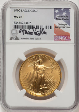 1990 $50 One-Ounce Gold Eagle Mike Castle NGC MS70