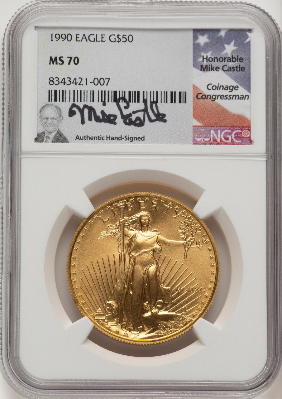 1990 $50 One-Ounce Gold Eagle Mike Castle NGC MS70