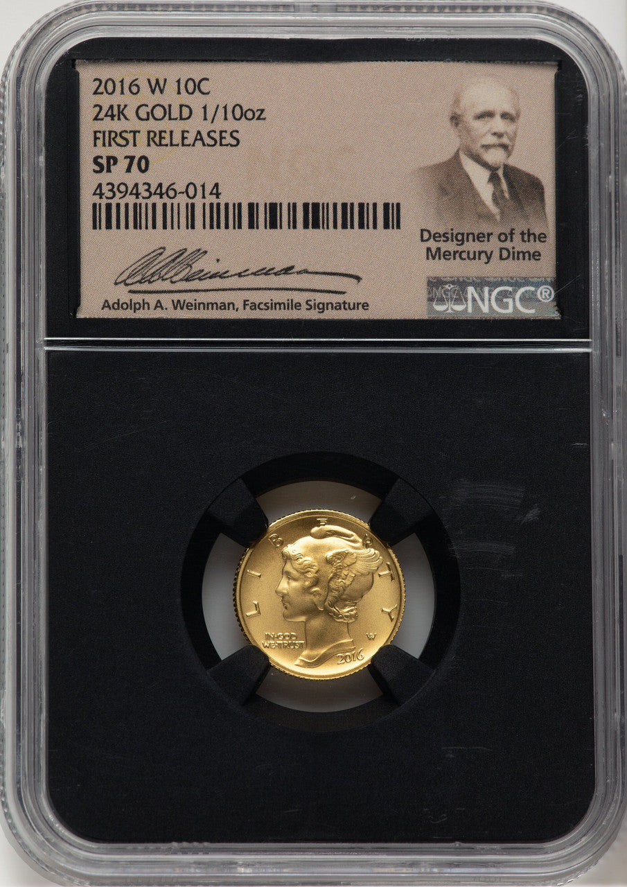 2016-W 10C Mercury Dime 100th Anniversary Gold Centennial FR Adolph Weinman Modern Commemoratives NGC MS70