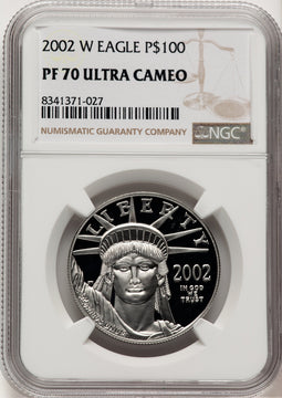 2002-W $100 One-Ounce Platinum Eagle Statue of Liberty Brown Label NGC PF70 (775785010)
