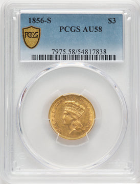 1856-S $3 Three Dollar Gold Pieces PCGS AU58