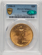 1908-D $20 MOTTO CAC Saint-Gaudens Double Eagle PCGS MS64+