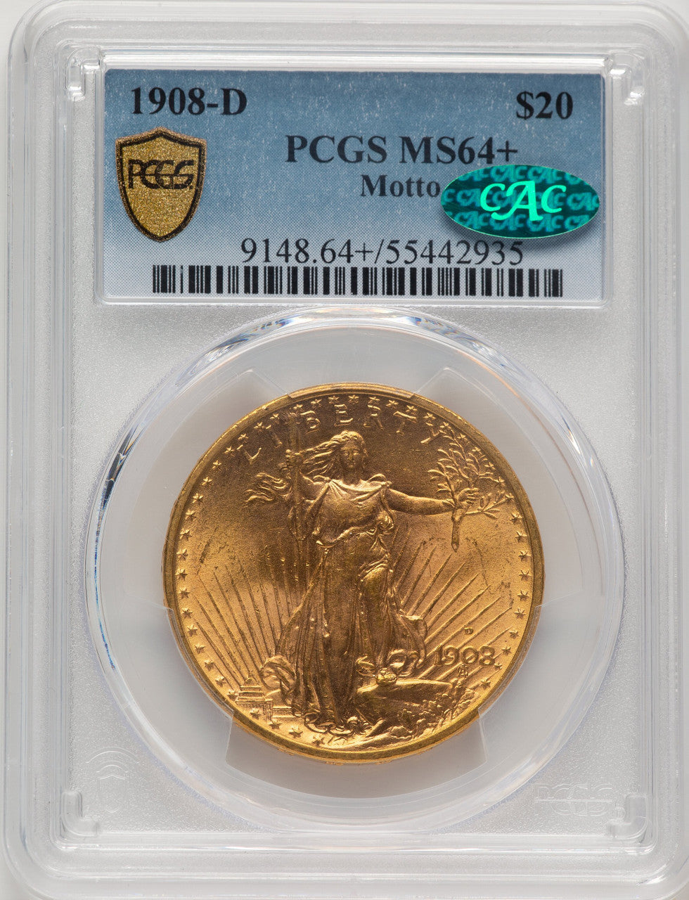 1908-D $20 MOTTO CAC Saint-Gaudens Double Eagle PCGS MS64+