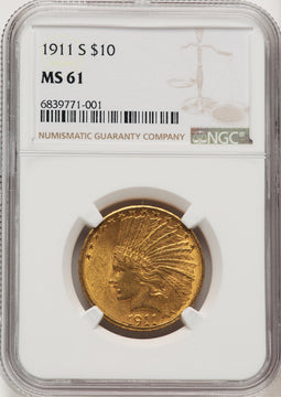 1911-S $10 Indian Eagle NGC MS61 (520939024)