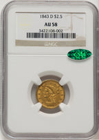 1843-D $2.50 Small D CAC Liberty Quarter Eagle NGC AU58