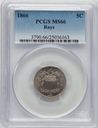 1866 5C RAYS Shield Nickel PCGS MS66