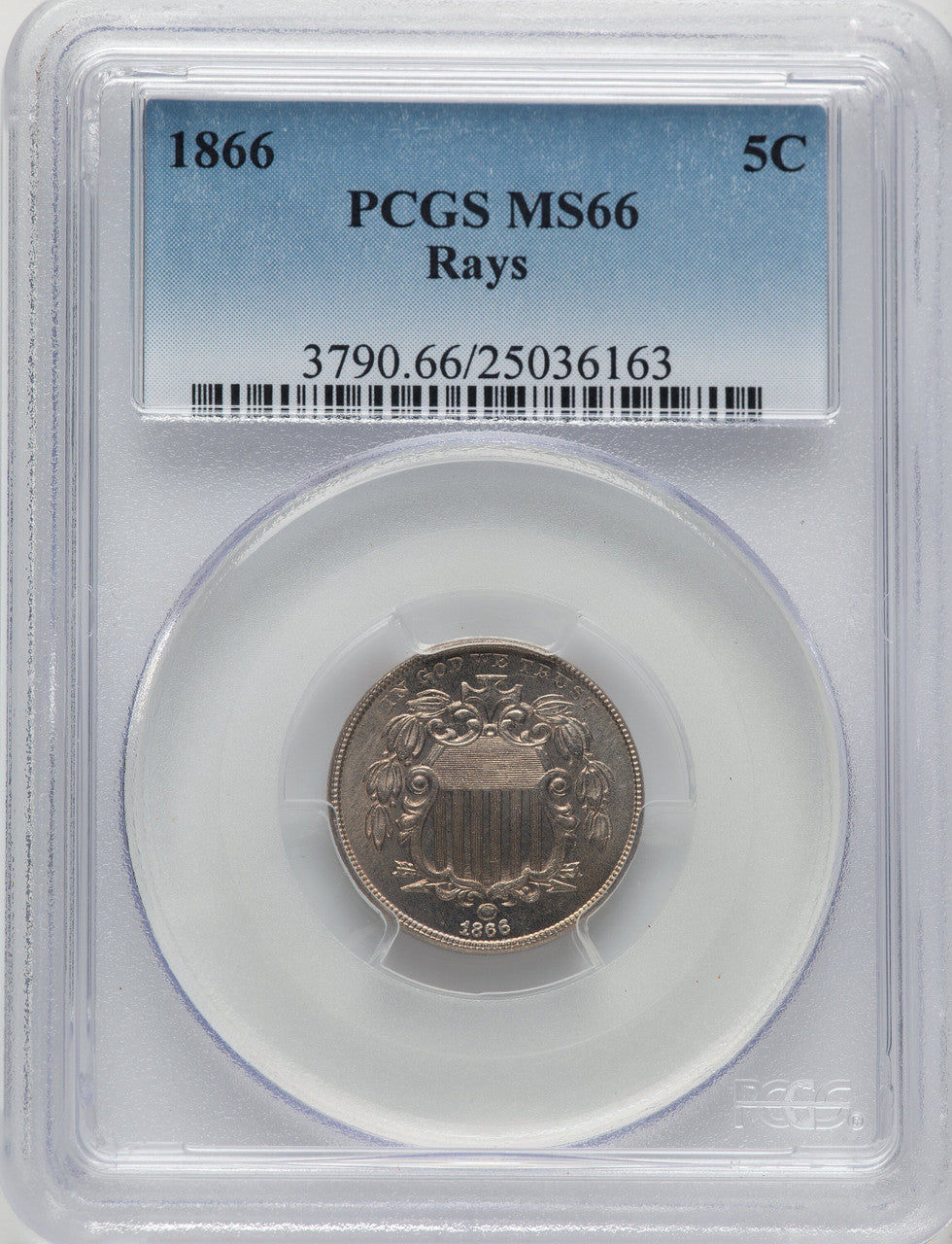 1866 5C RAYS Shield Nickel PCGS MS66