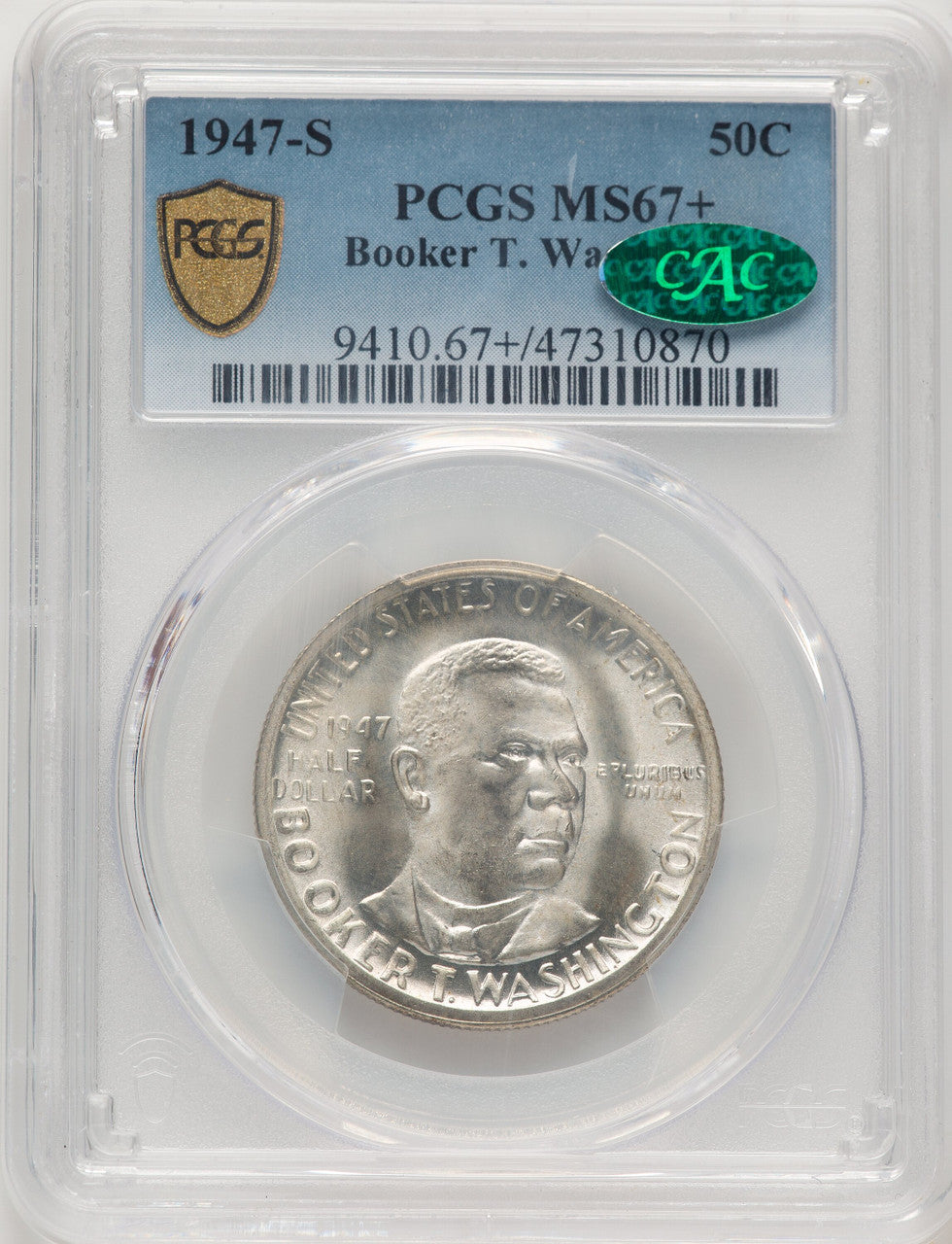 1947-S 50C Booker T. Washington CAC Commemorative Silver PCGS MS67+