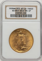 1908 NM $20 Wells Fargo Saint-Gaudens Double Eagle NGC MS67 (776494003)