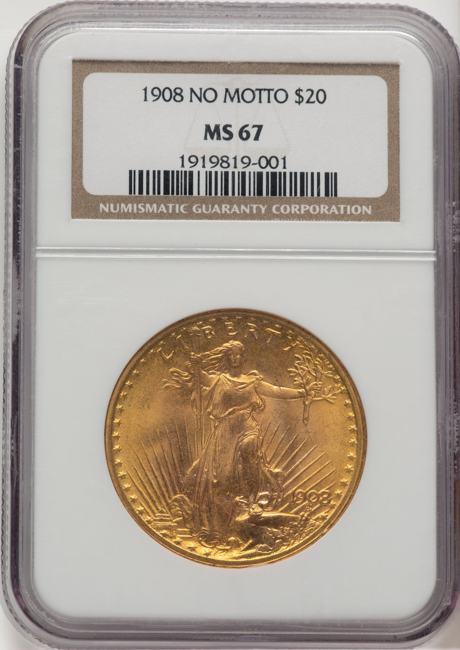 1908 $20 NO MOTTO Saint-Gaudens Double Eagle NGC MS67 (776494005)