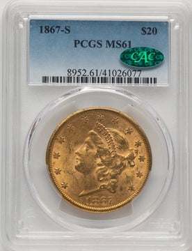 1867-S $20 CAC Liberty Double Eagle PCGS MS61
